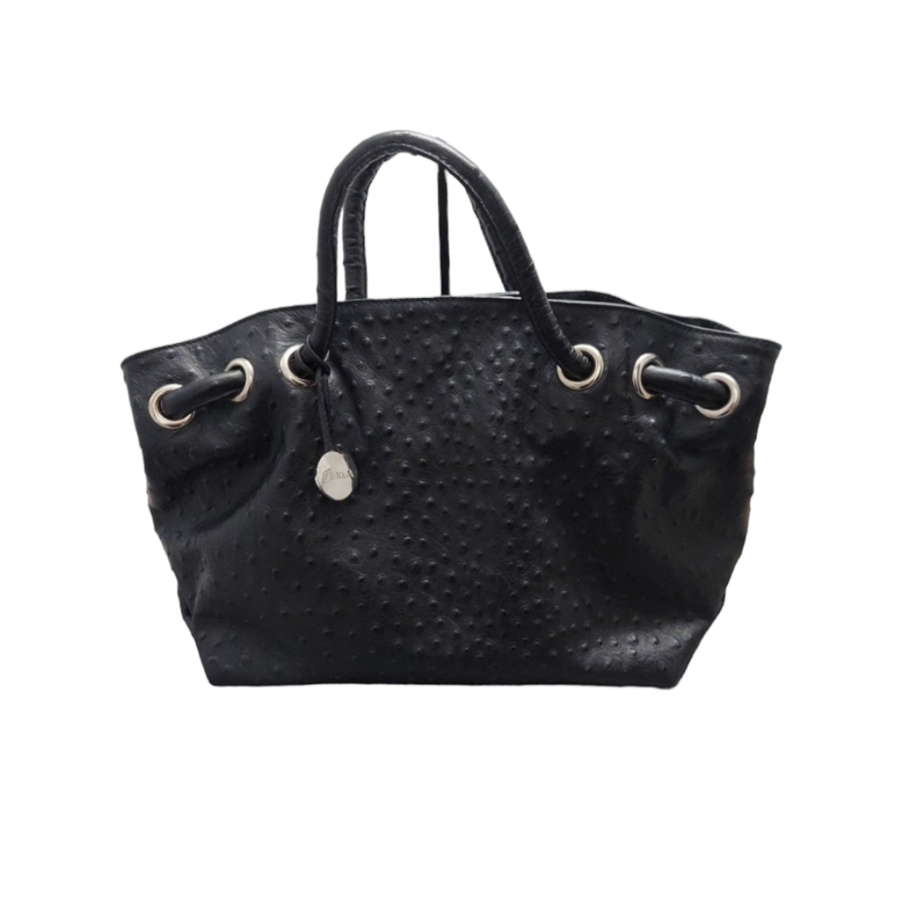 Furla Ostrich Leather Black Women's Handbag Satchel